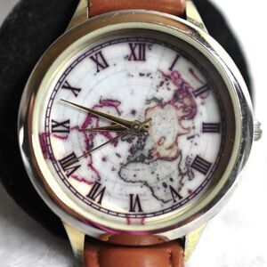Accutime World Map Brown Leather 8.5" Band New Battery Unisex Watch